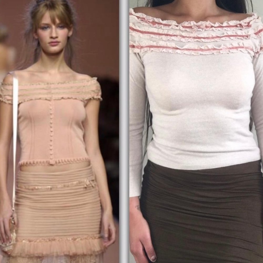 Blumarine - RARE ss 2004 baby pink ¾ sleeve ruffle off shoulder top